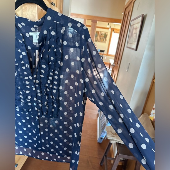 EUC // JCrew // 100% Silk tuxedo blouse // navy/brown polka dot  // 8 - Picture 2 of 5